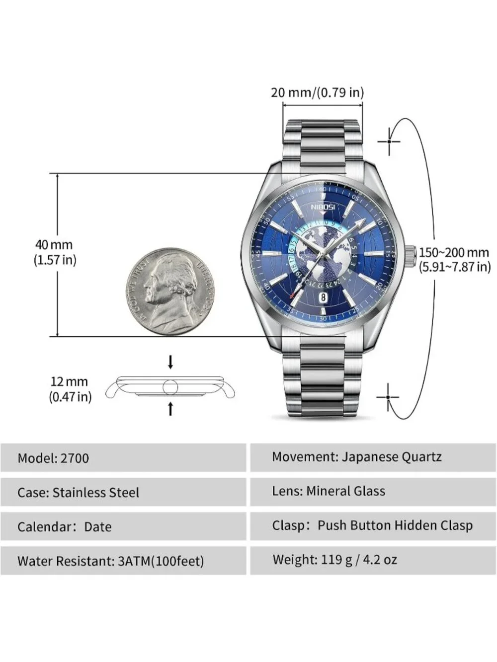 Men's Blue Silver Analog Quartz Stainless Steel Waterproof Casual Wrist Watch